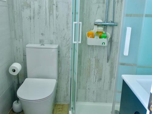 a bathroom with a shower and a toilet and a sink at Apartamento único en El Sauzal - inolvidable!!! in Sauzal