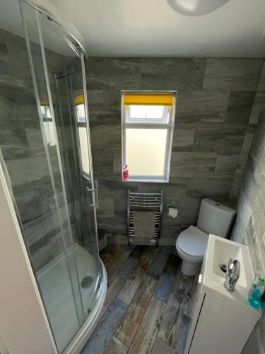 a bathroom with a shower and a toilet and a sink at Driftwood Seagrass in Par