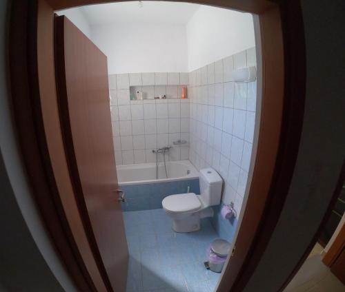 La salle de bains est pourvue de toilettes et d'une baignoire. dans l'établissement Villa Tzortzaki - Dias, à Térsa