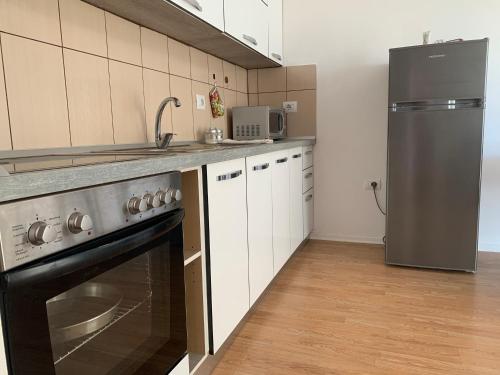 a kitchen with a stainless steel refrigerator and a dishwasher at Beautiful and lovely apartment in Tirana