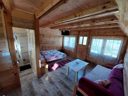una vista aérea de la sala de estar de una cabaña de madera en Markove kolibe 4, Uvac, en Sjenica