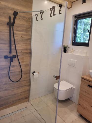 a bathroom with a shower and a toilet at Widokówka in Zawoja