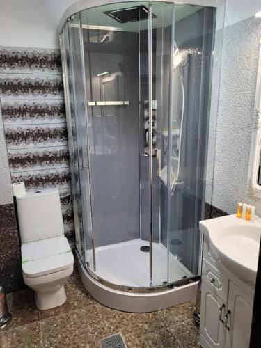 LOTUS Boutique في ديفا: دش في حمام مع مرحاض ومغسلة