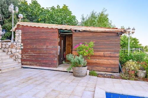 a wooden shed with a pool in a yard at Rom Mansion in Rosh Pinna