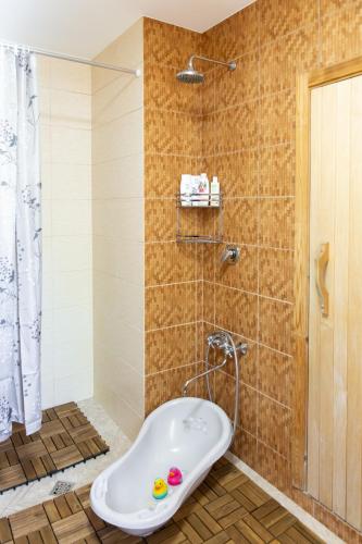a bathroom with a tub and a shower at Guesthouse Vetras viesu māja Vētras in Trenči