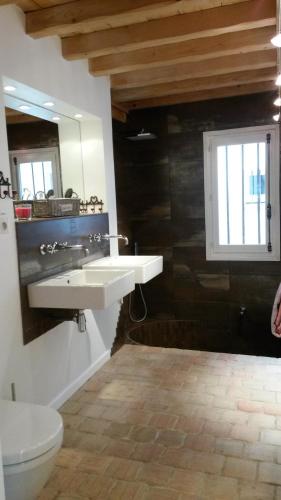une salle de bain avec un lavabo, des toilettes et un miroir dans l'établissement La Ruette aux Loups, à Collonges-au-Mont-dʼOr