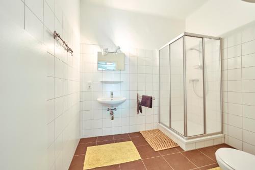 a bathroom with a sink and a shower at Gesäuse-Lodge in Gstatterboden