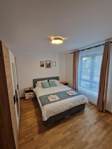 Un dormitorio con una cama y una ventana grande. en Nina Apartman 2, en Soko Banja