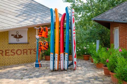 a group of surfboards are lined up in front of a building at Holiday Resorts in Balatonszárszó