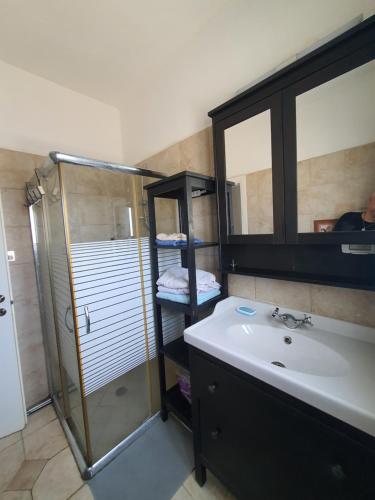 a bathroom with a shower and a sink and a mirror at Lovely Apartment with shalter room in Tel Aviv