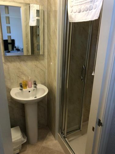 a bathroom with a sink and a shower at Southbourne Guest House in Llandudno