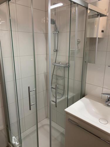 una ducha con una puerta de cristal junto a un lavabo en Haus Kärnten, en Bad Kleinkirchheim
