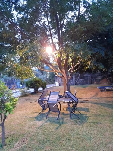 a table and chairs under a tree in a park at Red Villa in Nydri