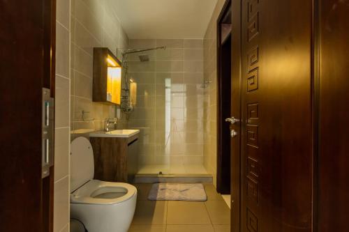 a bathroom with a toilet and a shower and a sink at Accra Fine Suites - Henrietta's Residences in Accra