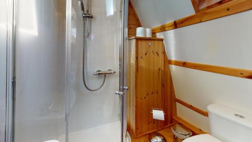 a bathroom with a shower and a toilet at Hill Farm and Orchard in Leighton Buzzard