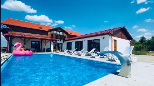 ein Haus mit einem Pool mit einem rosa Flamingo im Wasser in der Unterkunft Gold Horse Vendégház in Szilvásvárad