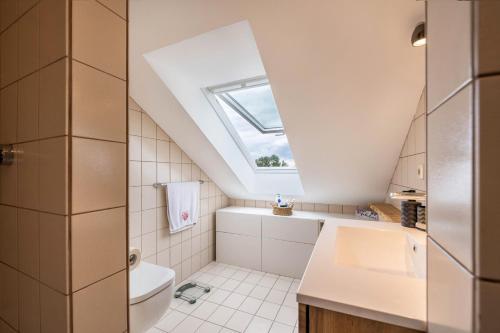 ein Badezimmer mit einem Waschbecken und einem Dachfenster in der Unterkunft Casa Lenny and Friends in Anzing