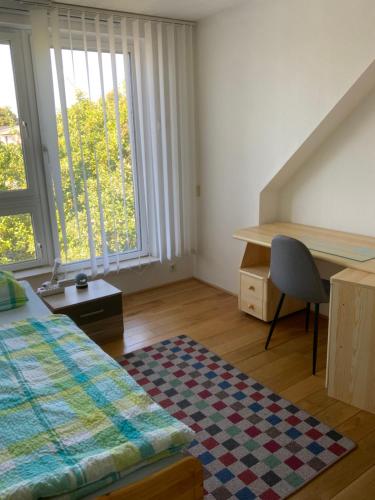 um quarto com uma cama, uma secretária e uma janela em Ferien/ Monteurzimmer mit gemeinsam Wozi, Kü, Bad, WLAN em Magdeburgo