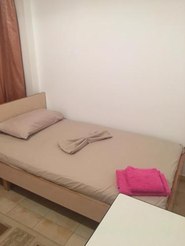 a small bed with a pink towel on it at "Frogs House" Hotel & Restorant Slow Food in Lushnjë