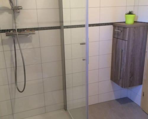 baño con ducha y armario de madera. en Biohof Höbarth en Sankt Martin