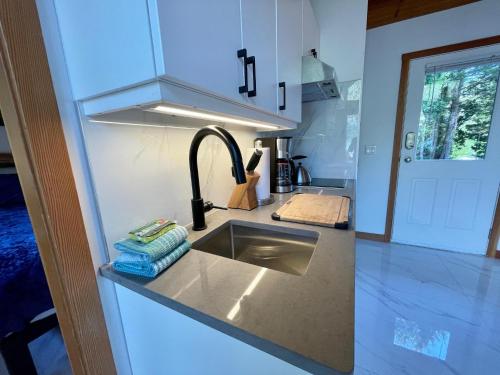 een keuken met een wastafel en een koelkast bij Beautiful Oceanfront Cabin With Hot Tub! - Gone With The Wind in Ucluelet