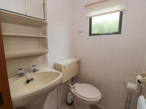 ein Bad mit einem WC, einem Waschbecken und einem Fenster in der Unterkunft Fron Dderw Caravan in Holyhead
