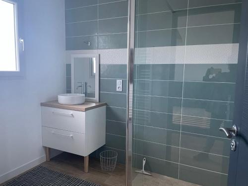 ein Bad mit einer Dusche, einem Waschbecken und einem Spiegel in der Unterkunft Maison neuve entre Bassin d'Arcachon et Landes 