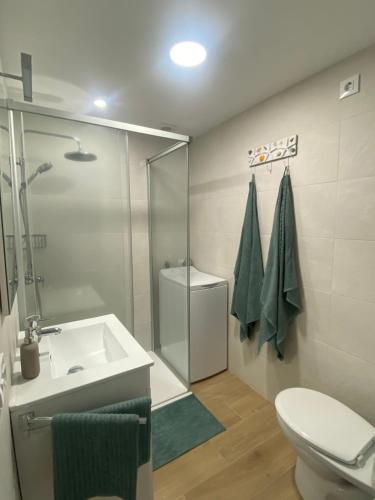 a bathroom with a sink and a toilet and a shower at Precioso apartamento en primera línea de mar in L'Escala