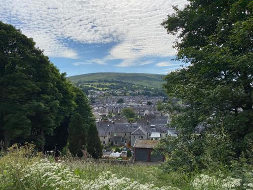 a view of a town from a hill with trees at Stables Cottage in Langholm