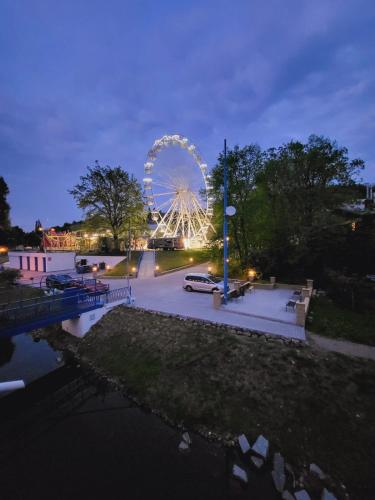 a ferris wheel in a park at night at Botel Racek in Prague