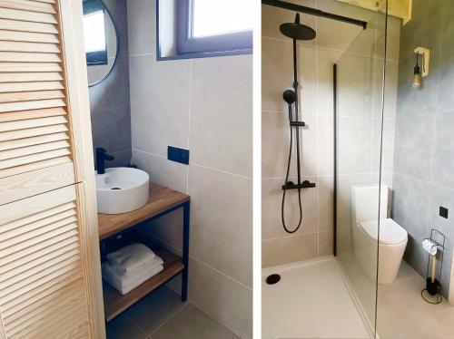 two pictures of a bathroom with a shower and a toilet at Duchałówka 2.0 in Koszarawa