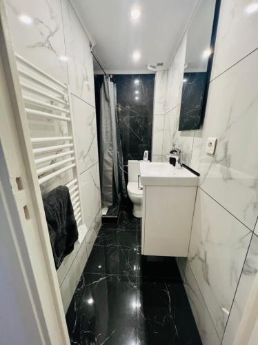 une salle de bain blanche avec un lavabo et des toilettes dans l'établissement NICE - Central 100m plage- Negresco - IDEAL COUPLE, à Nice