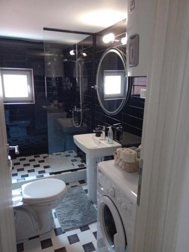 a bathroom with a toilet a sink and a washing machine at Budva stan Natasa in Budva