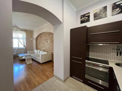 Il comprend un salon avec un canapé et une cuisine. dans l'établissement Apartment DR. Becher LUX 60 M2, à Karlovy Vary