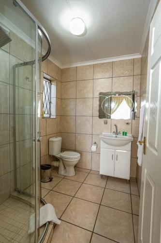 a bathroom with a toilet and a sink and a shower at Ramandire B&B in eMalahleni