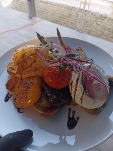 a white plate with a sandwich with tomatoes and onions at Botel Racek in Prague