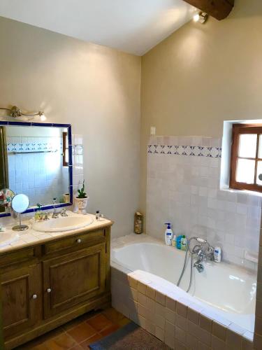 une salle de bain avec une baignoire et un lavabo et une baignoire dans l'établissement Magnifique propriété sur la colline, à LʼIsle-sur-la-Sorgue