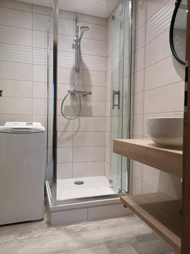 une salle de bain avec une douche, des toilettes et un lavabo dans l'établissement Duo Des Alpages vue exceptionnelle sur le Mont Blc, à Saint-Gervais-les-Bains