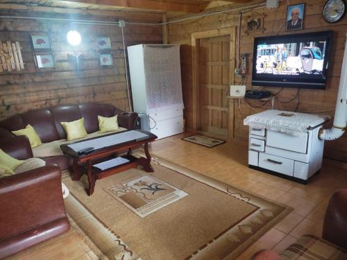 een woonkamer met een bank en een televisie bij Guest House Astrit Villi in Theth
