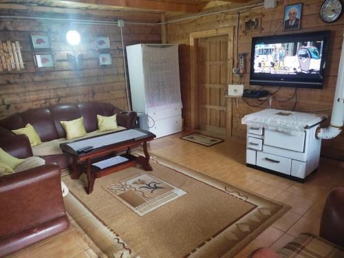 a living room with a couch and a television at Guest House Astrit Villi in Theth