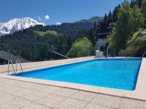 uma piscina azul com montanhas ao fundo em Duo Des Alpages vue exceptionnelle sur le Mont Blc em Saint-Gervais-les-Bains