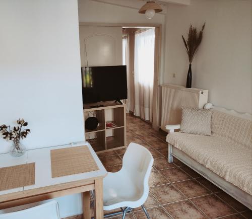a living room with a couch and a tv at Cozy apartment in Peania (near Airport) in Paianía