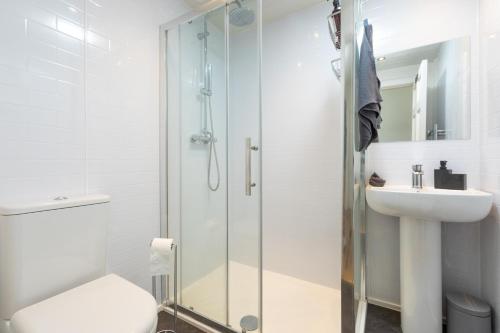 La salle de bains est pourvue d'une douche, de toilettes et d'un lavabo. dans l'établissement The Edinburgh Meadows Apartment, à Édimbourg