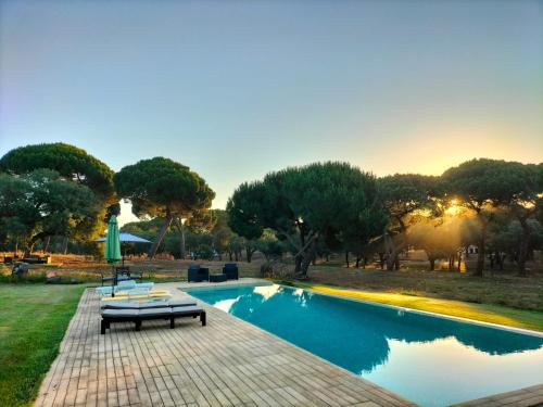 a swimming pool with a bench next to a park at Suspended Wooden House - Monte da Cortiça in Águas de Moura