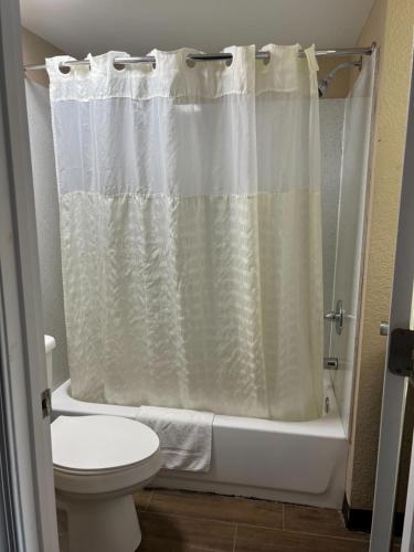 a bathroom with a shower curtain and a toilet at Super 8 by Wyndham Newport News in Newport News