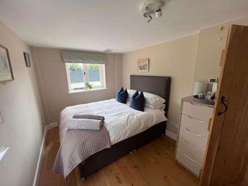 a bedroom with a bed with blue pillows and a window at A modern annex, in a tranquil countryside setting. in Aylesbury