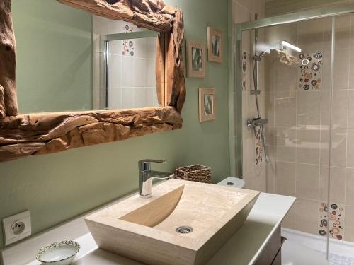 a bathroom with a sink and a shower with a mirror at Le Gîte du Souffle des Anges in Sauveterre