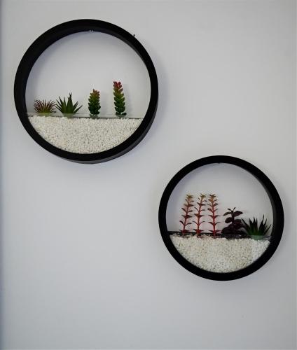 two black round mirrors hanging on a wall with plants at The desert Pearl in Eilat