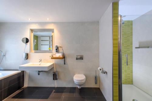 uma casa de banho com um lavatório, um WC e um chuveiro em Parkhotel Valkenburg em Valkenburg