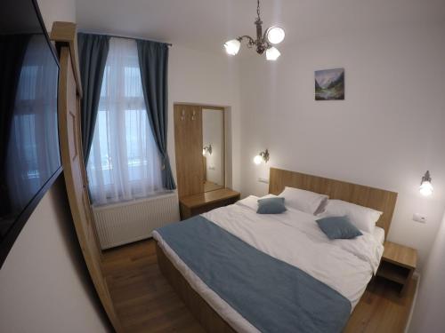 a bedroom with a large bed and a large window at Casa Bacila in Sibiu